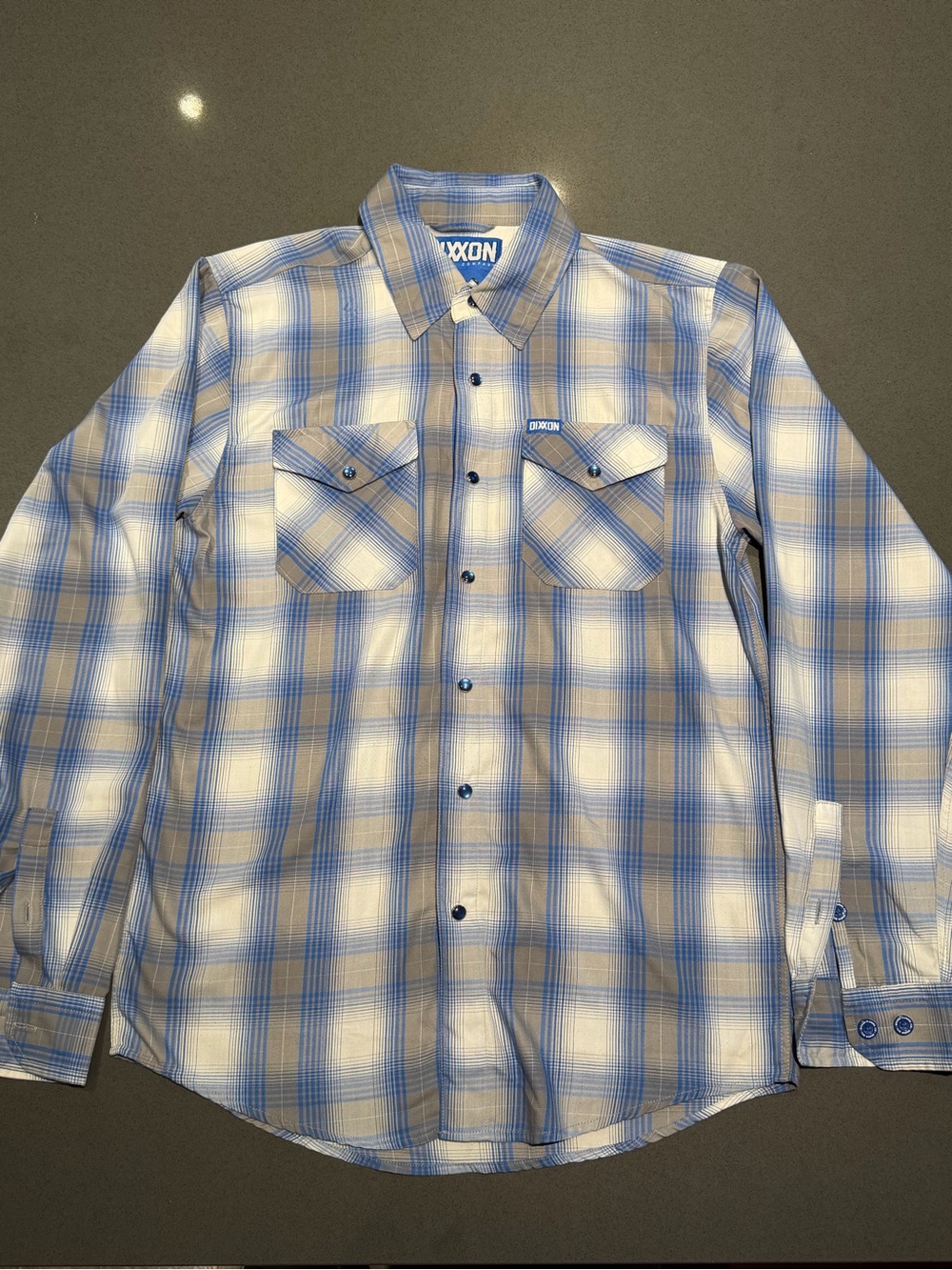 DIXXON ‘Morse’ Plaid Button-Down Shirt in Blue and White with Grey Accents